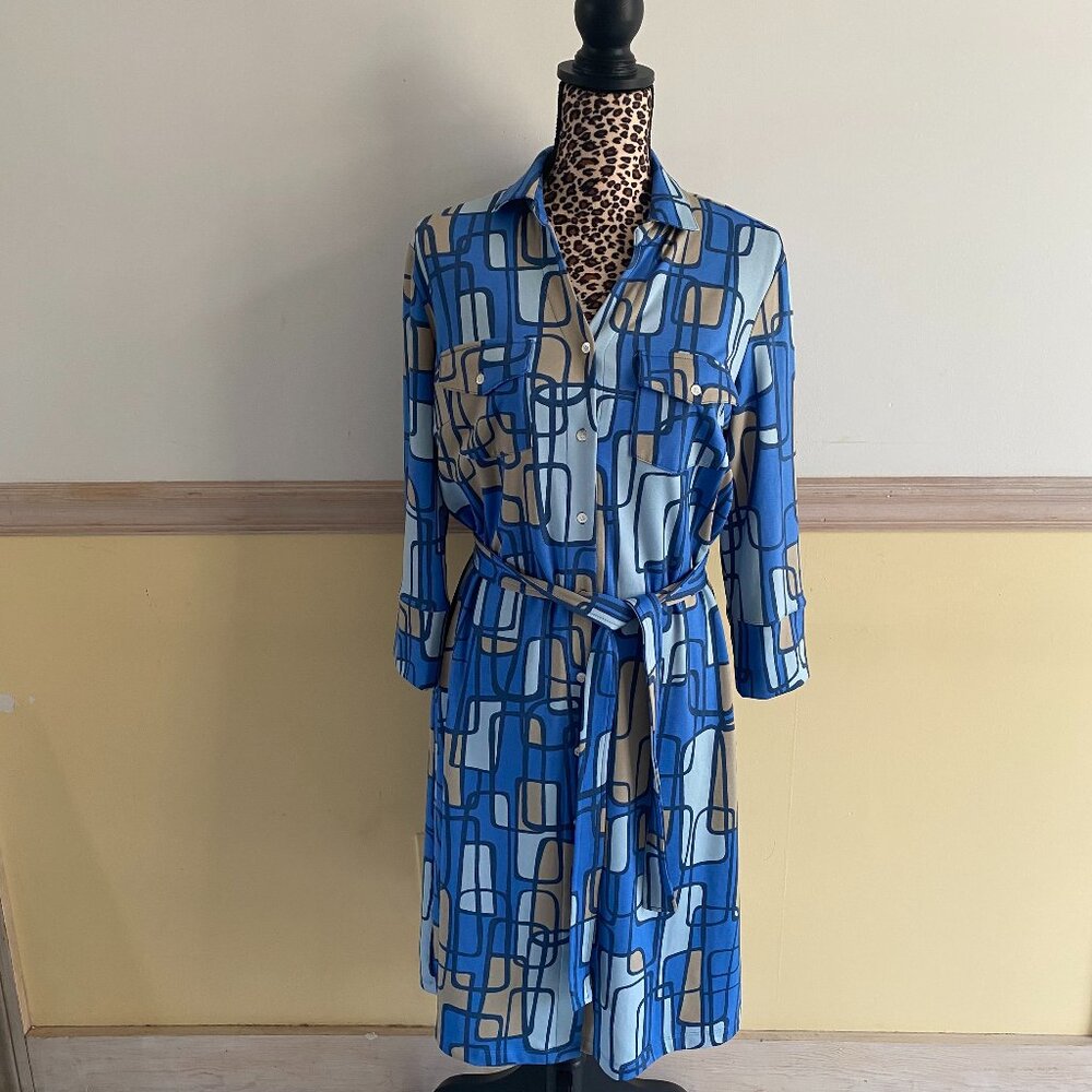 J McLaughlin Women‎ Blue Tan White Button Down Collared Geometric Print Dress K3